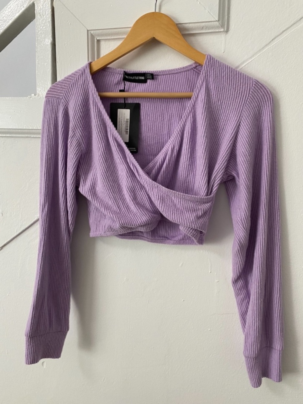 PrettyLittleThing Lilac Ribbed Crossover Long Sleeve Crop Top